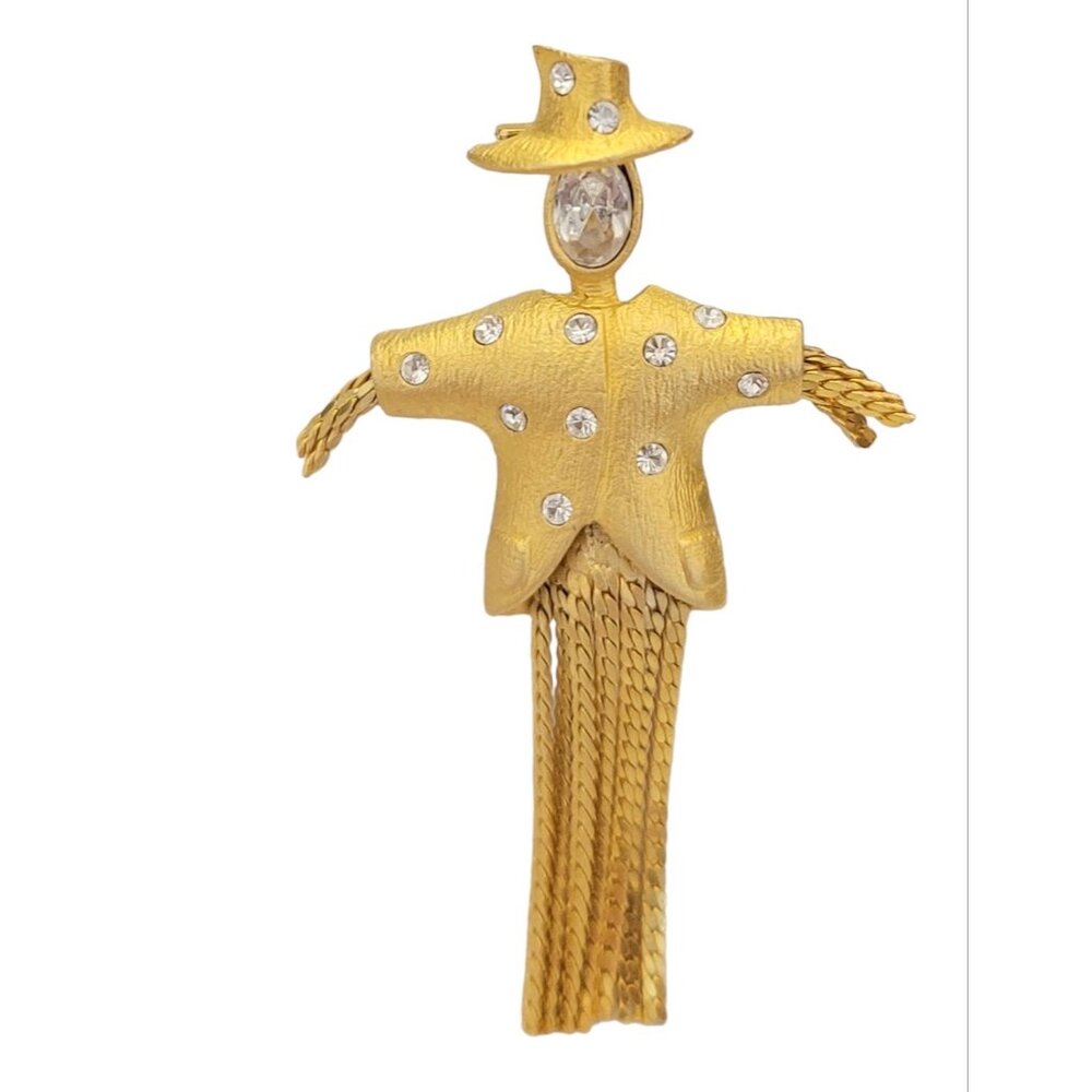 Gold Tone Clear Rhinestone Scarecrow Chain Fringe Dangle Brooch K576